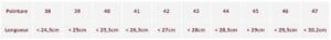 Tableau pointures homme